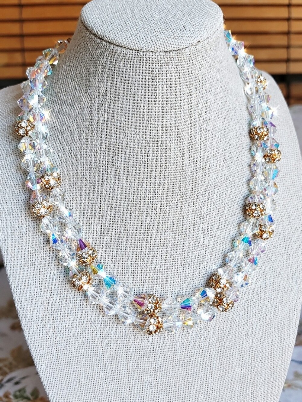 Heavily Faceted Vintage Large Bicone Aurora Borealis Clear Crystal Dual Necklace